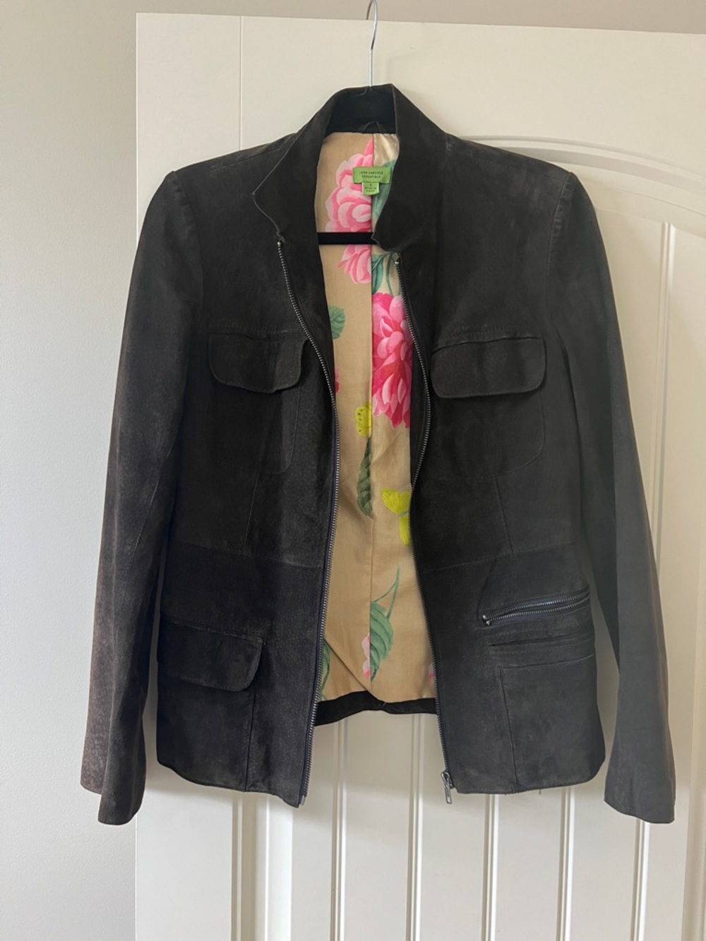 Women’s Dark Brown Suede Zip Leather Jacket with Floral Lining Spring small